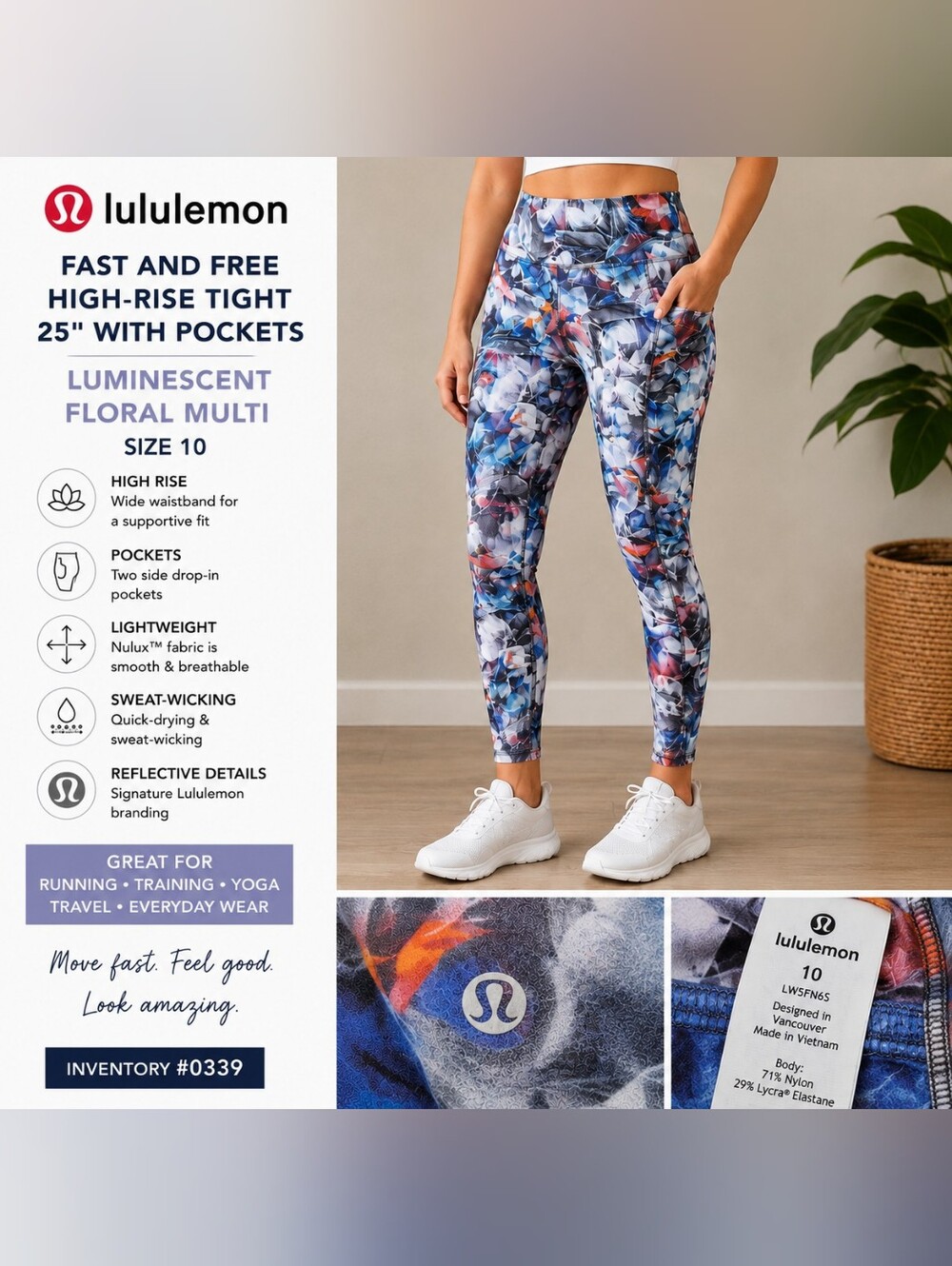 Lululemon Fast and Free High-Rise Tight 25" Luminescent Floral Multi Size 10